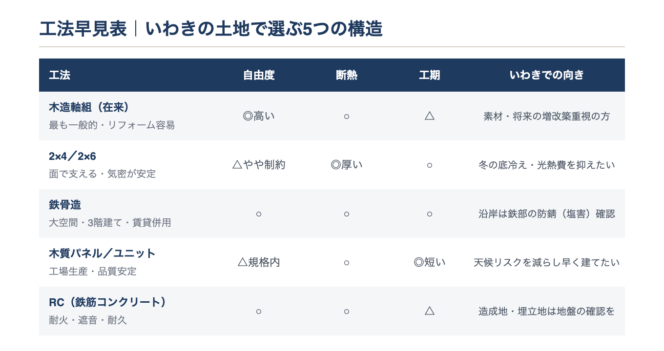 いわきの土地で選ぶ5つの工法の早見表