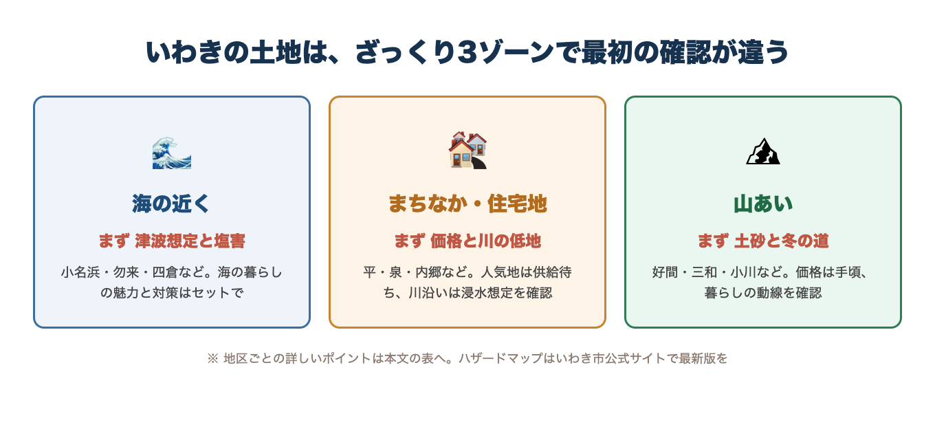 いわきの土地は3ゾーンで最初の確認が違う。海の近くは津波想定と塩害、まちなかは価格と川の低地、山あいは土砂と冬の道
